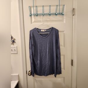 Quacker Factory NWOT Blue Long Sleeve T Shirt Blouse Stars V Neck Size M #I274